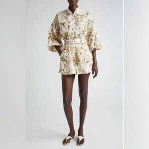 Zimmermann Golden Floral Print Belted Long Sleeve Linen Romper Size 4